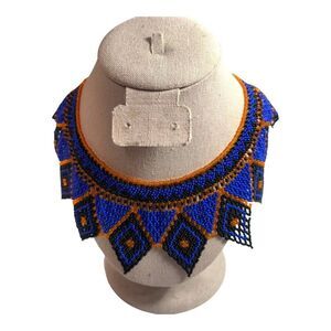 Handcrafted Beaded Tribal Choker Collar Necklace Blue Orange Black 15" Southwest